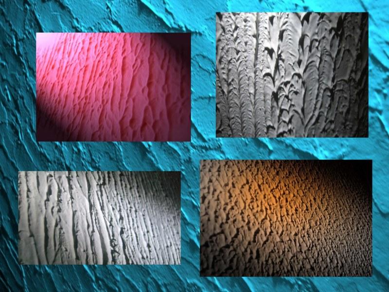 Kompozycja czterech zbliżeń na teksturowane ściany z nałożonym tynkiem strukturalnym w odcieniach różu, szarości i beżu, prezentująca różne faktury i efekty dekoracyjne.